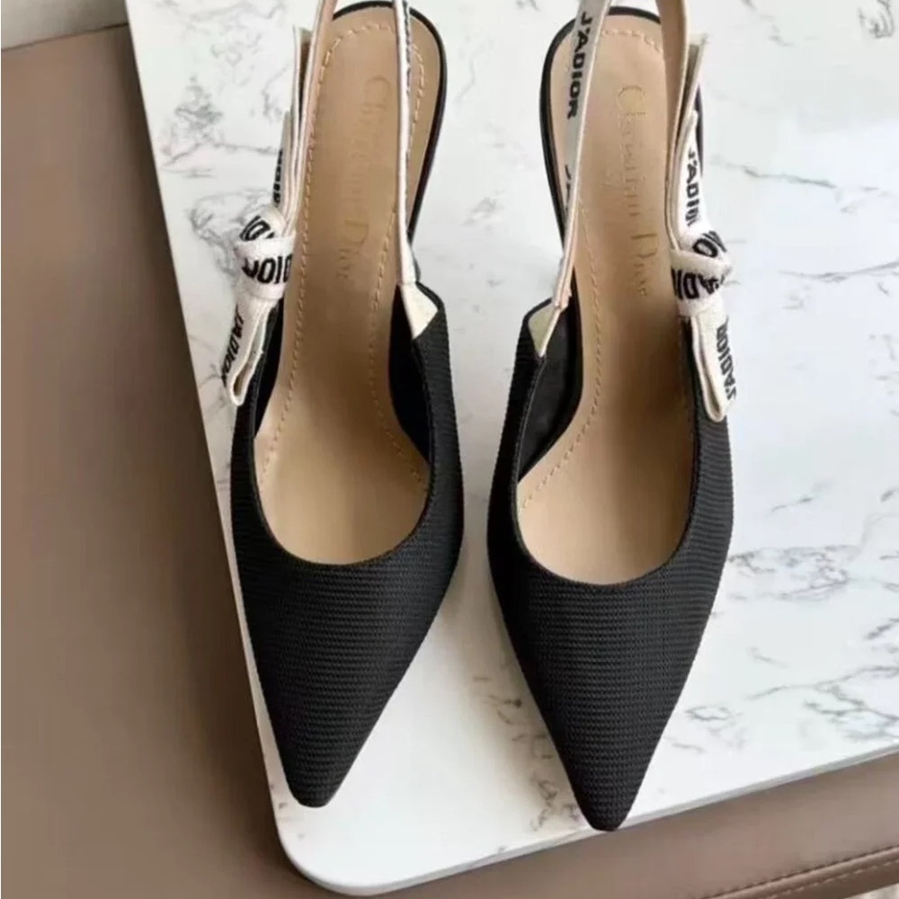 Dior Black Pointed Slingback Heels with White Logo Strap. - Picture 3 of 9